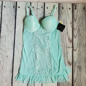 Cinema Etoile Seductivewear SMALL 2pc Celadon  Chiffon & Lace Babydoll V-String